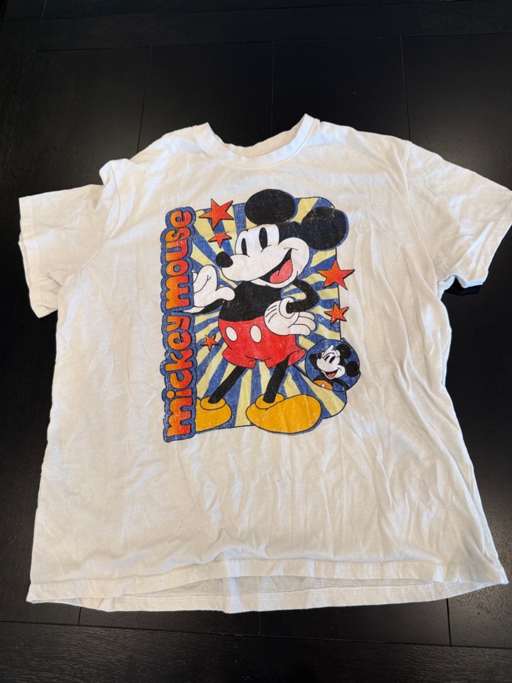Disney White Graphic Mickey Mouse Tee with Red, Yellow & Black Artwork